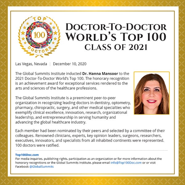Dr. Hanna Mansoor induction to the 2021 Doctor-to-doctor world's top 100